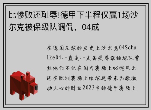 比惨败还耻辱!德甲下半程仅赢1场沙尔克被保级队调侃，04成