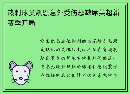 热刺球员凯恩意外受伤恐缺席英超新赛季开局