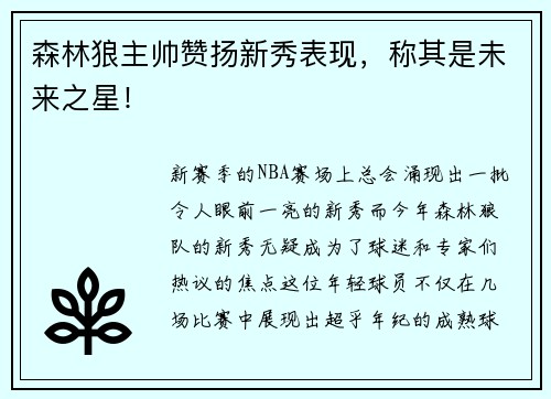 森林狼主帅赞扬新秀表现，称其是未来之星！